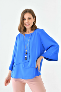 Oversized Fit 3/4 Sleeve Asymmetric Layered Blouse in Indigo with Necklace