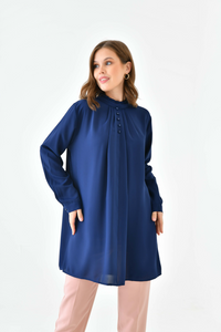 Oversized Long Sleeve Button Detailed Tunic Top in Navy