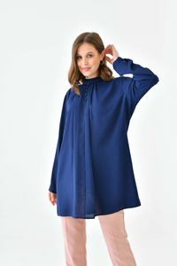 Oversized Long Sleeve Button Detailed Tunic Top in Navy