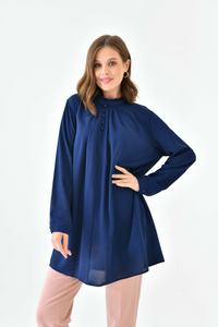 Oversized Long Sleeve Button Detailed Tunic Top in Navy