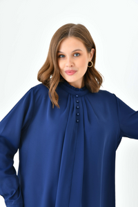 Oversized Long Sleeve Button Detailed Tunic Top in Navy