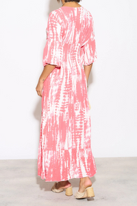 Oversized Shirred Waist Flutter Sleeve V Neck Maxi Dress with Tie Dye Print Details in White and Coral