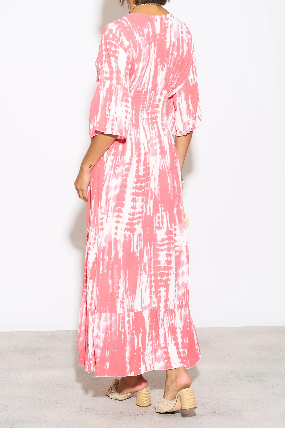 Oversized Shirred Waist Flutter Sleeve V Neck Maxi Dress with Tie Dye Print Details in White and Coral