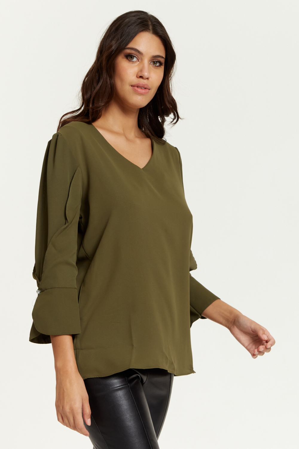 Long Sleeves Detailed Cuff Blouse with V Neck in Khaki