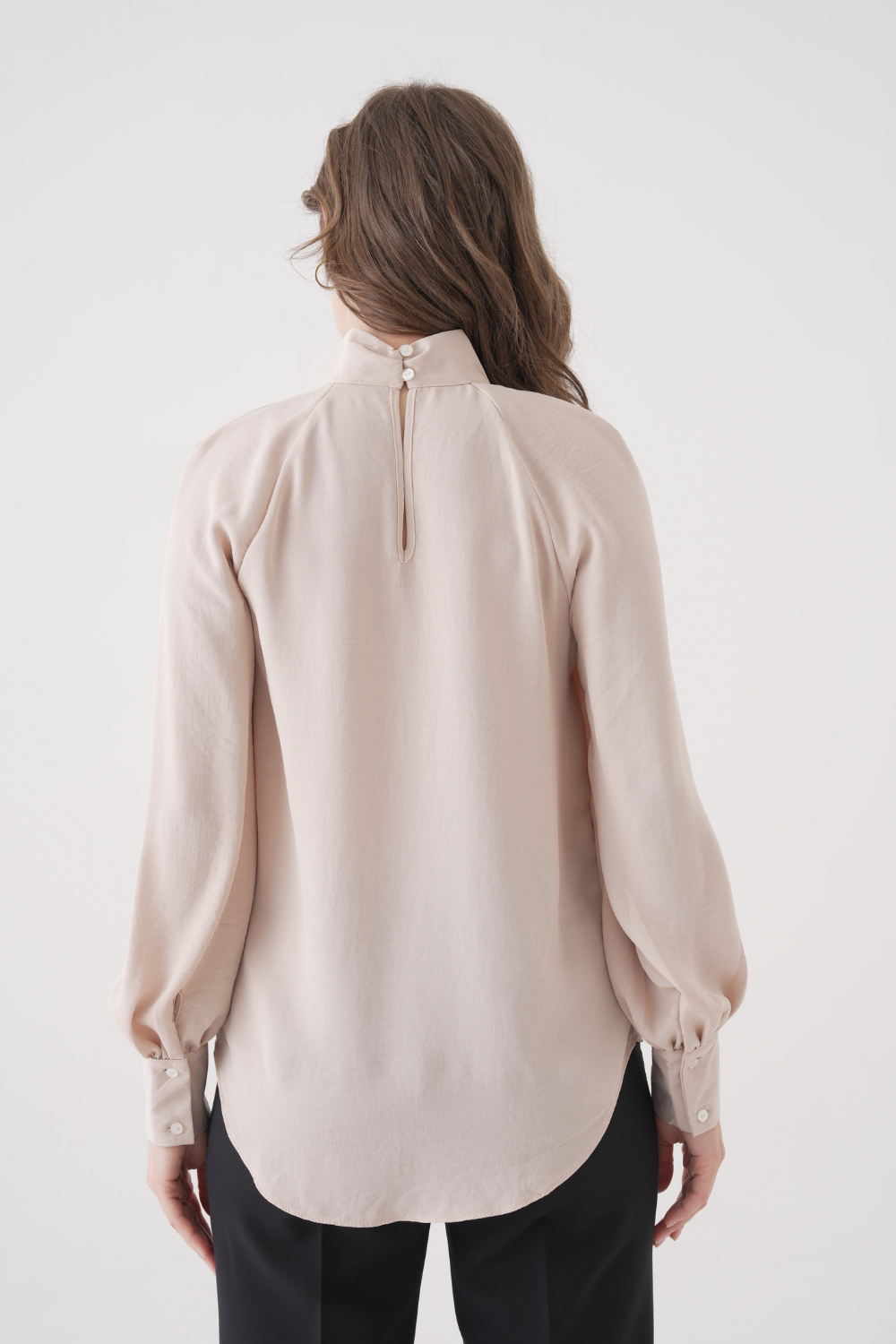 Relaxed Fit Long Sleeve Mock-Neck Blouse in Beige