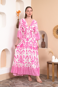 Oversized Flutter Sleeves Shirred Waist Geometrical Print V Neck Maxi Dress in Pink and White