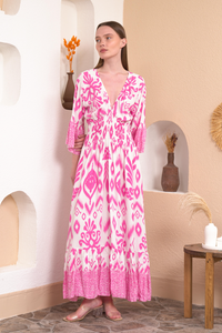 Oversized Flutter Sleeves Shirred Waist Geometrical Print V Neck Maxi Dress in Pink and White