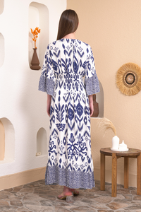 Oversized Flutter Sleeves Shirred Waist Geometrical Print V Neck Maxi Dress in Navy and White