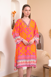Oversized Long Sleeves V Neck Printed Midi Dress in Orange