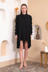 Oversized Shirred Long Sleeve Ruffle Detailed Shirt Tunic in Black