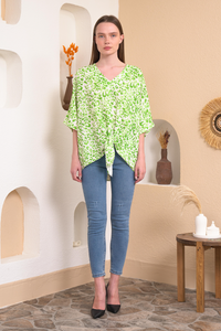 Oversized V Neck Leopard Printed Tie Detailed Top with 3/4 Sleeves in Green
