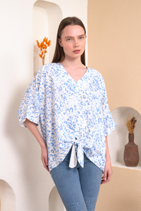 Oversized V Neck Leopard Printed Tie Detailed Top with 3/4 Sleeves in Blue