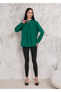 Oversized Long Sleeves Brooch Detailed Blouse in Green