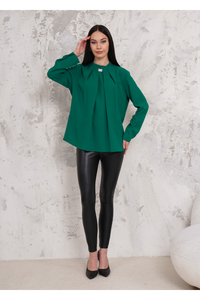 Oversized Long Sleeves Brooch Detailed Blouse in Green