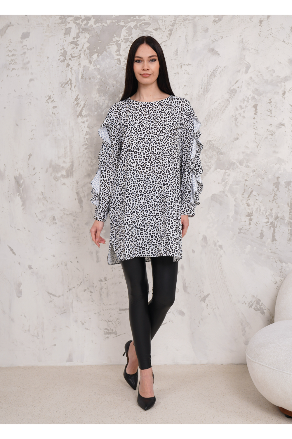 Oversized Long Ruffle Sleeve Relaxed Fit Tunic in Leopard Print