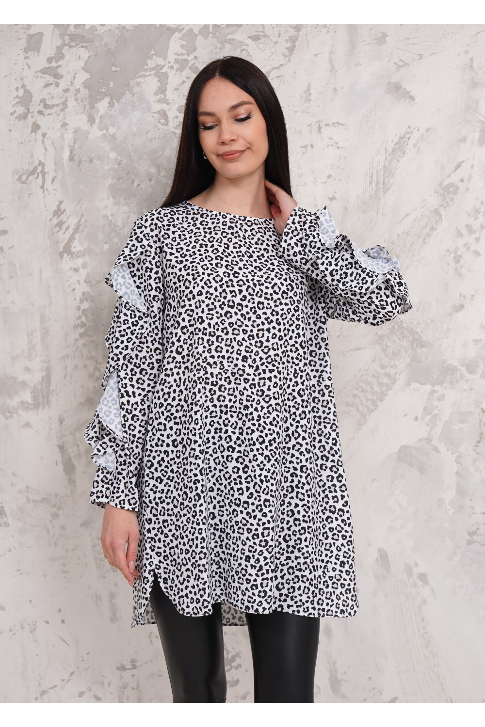 Oversized Long Ruffle Sleeve Relaxed Fit Tunic in Leopard Print