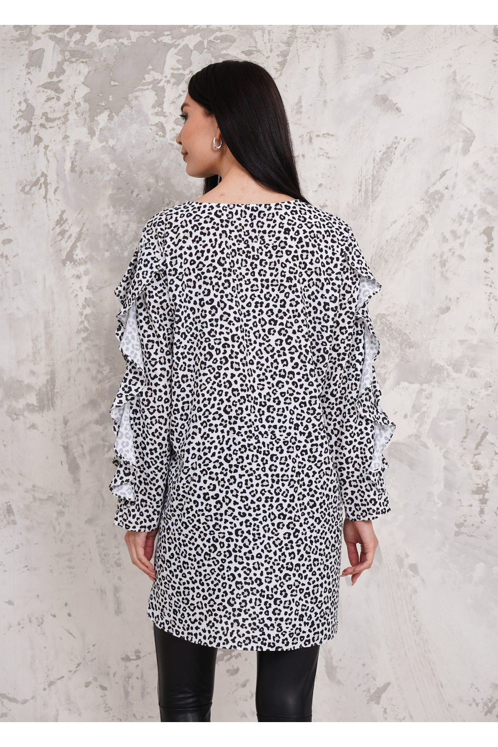 Oversized Long Ruffle Sleeve Relaxed Fit Tunic in Leopard Print