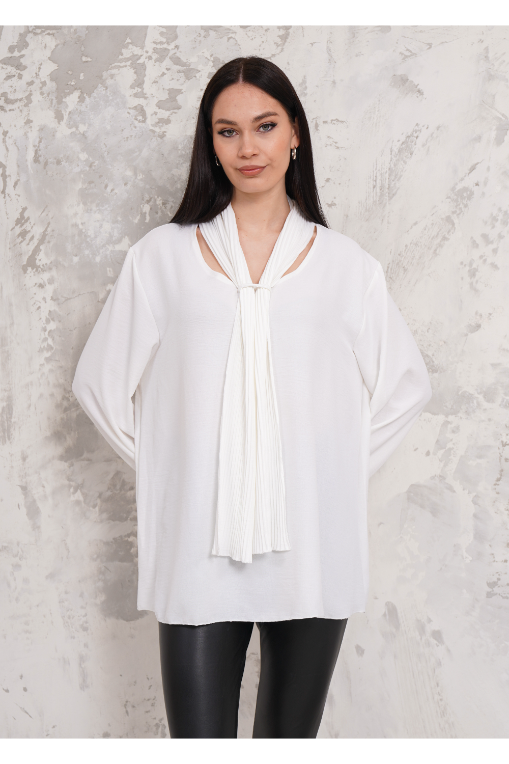 Oversized Pleated Tie Neck Long Bell Sleeves Blouse in White