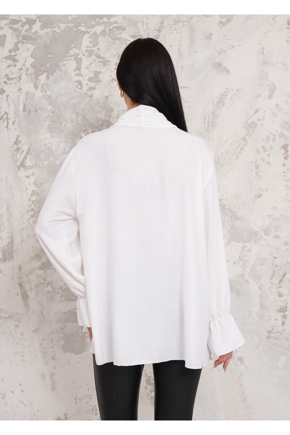 Oversized Pleated Tie Neck Long Bell Sleeves Blouse in White