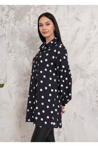 Oversized Long Sleeves Shirt Tunic with Polka Dot Printed in Black and White