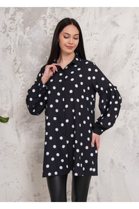 Oversized Long Sleeves Shirt Tunic with Polka Dot Printed in Black and White