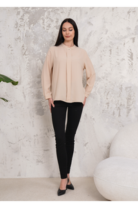 Relaxed Fit Long Sleeves Brooch Detailed Blouse in Beige