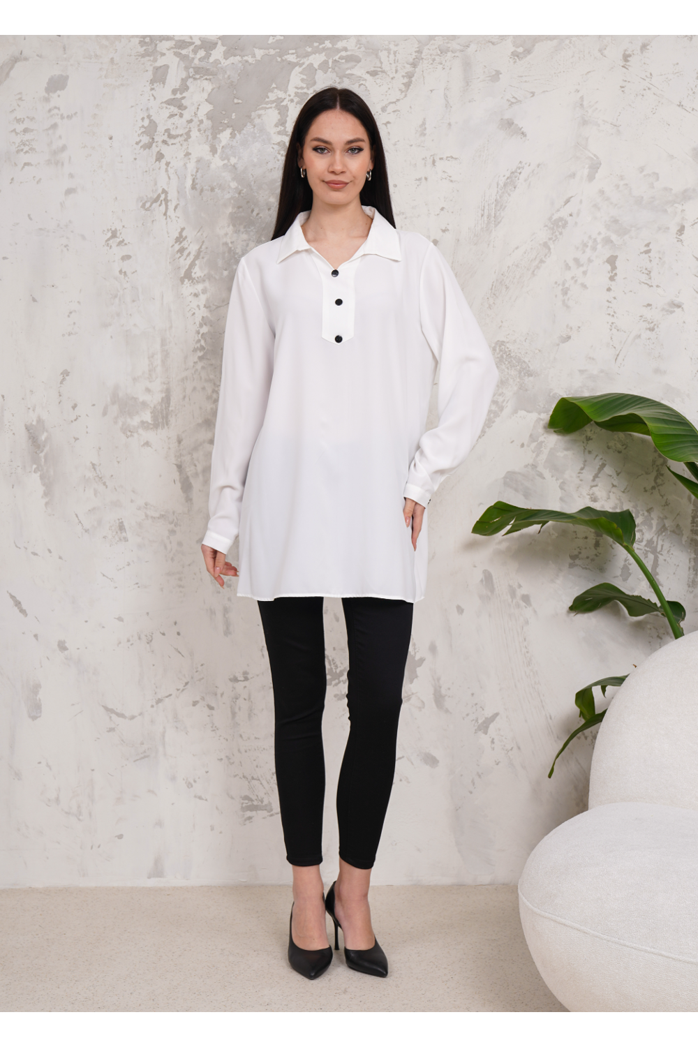 Oversized Long Sleeves Button Detailed Tunic in White
