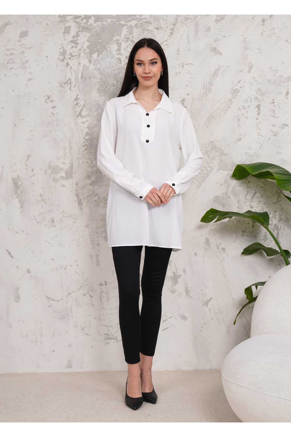 Oversized Long Sleeves Button Detailed Tunic in White