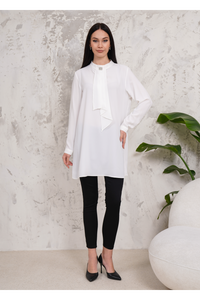 Oversized Long Sleeves Brooch Detailed Tunic in White