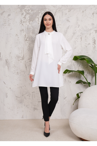 Oversized Long Sleeves Brooch Detailed Tunic in White