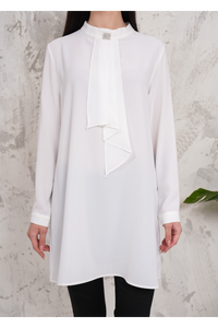Oversized Long Sleeves Brooch Detailed Tunic in White
