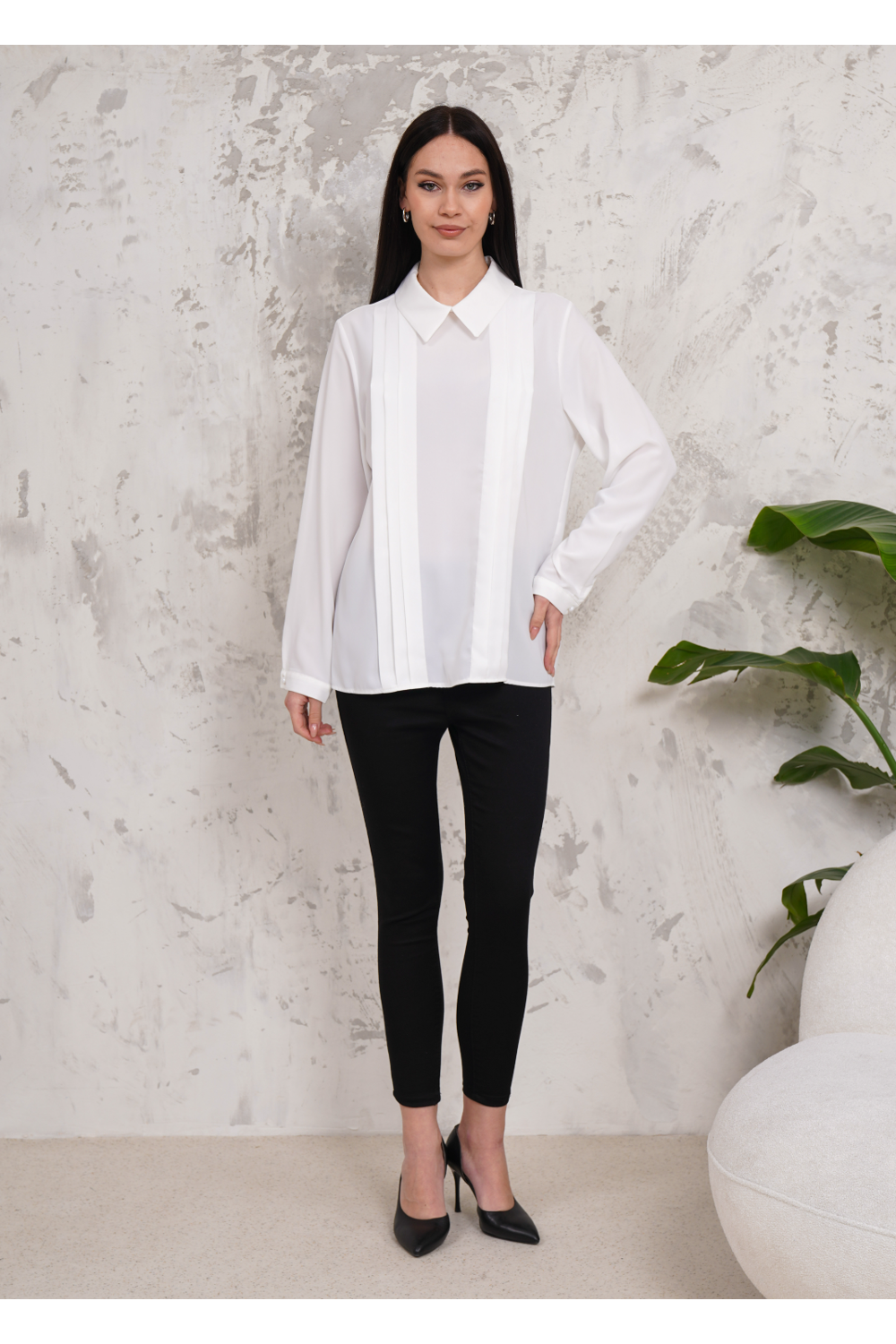 Oversized Long Sleeve Pleated Blouse in White