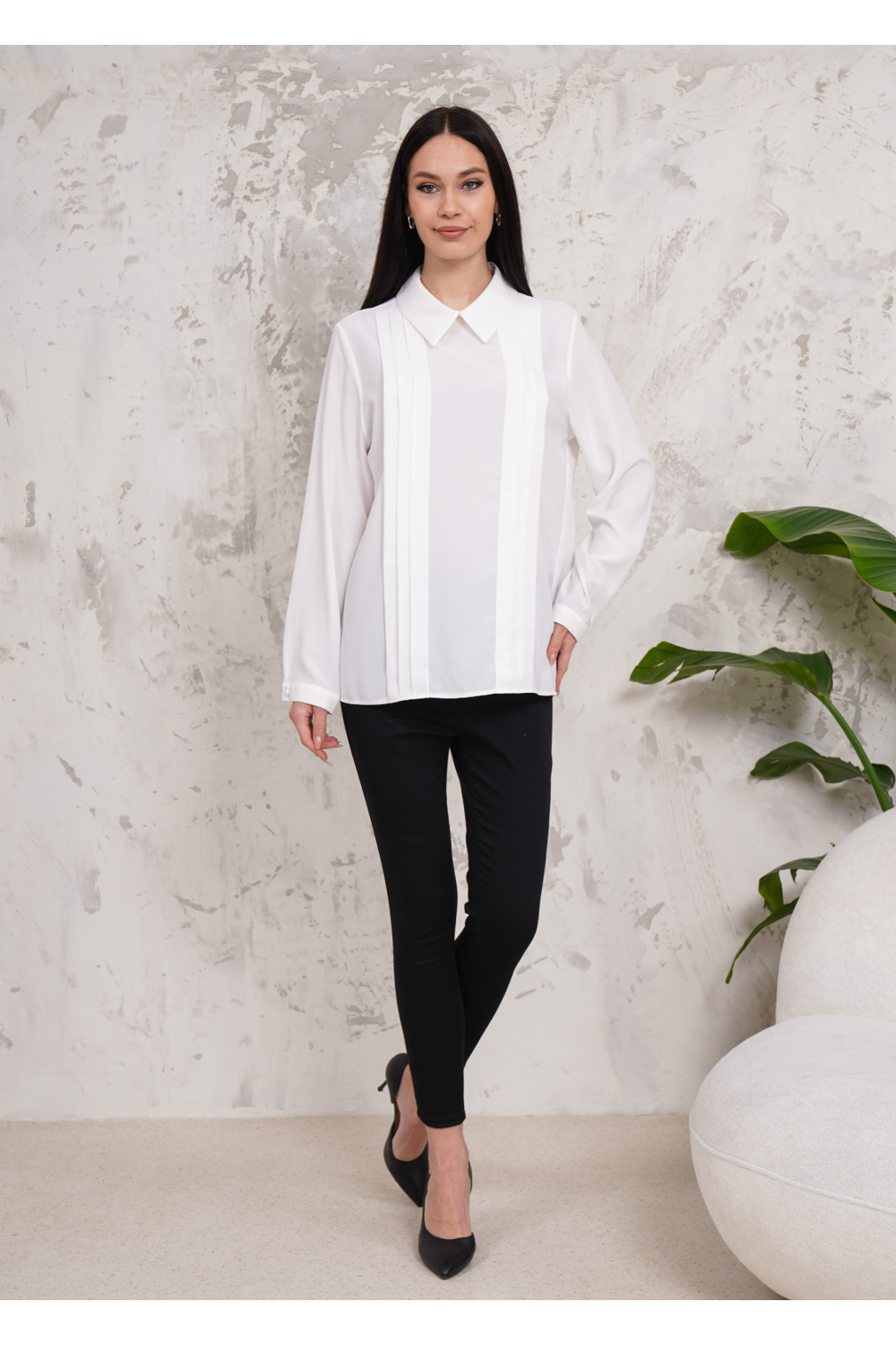 Oversized Long Sleeve Pleated Blouse in White