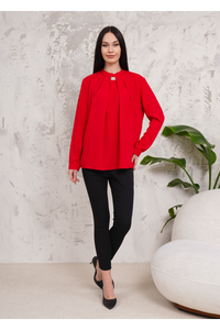 Oversized Long Sleeves Brooch Detailed Blouse in Red