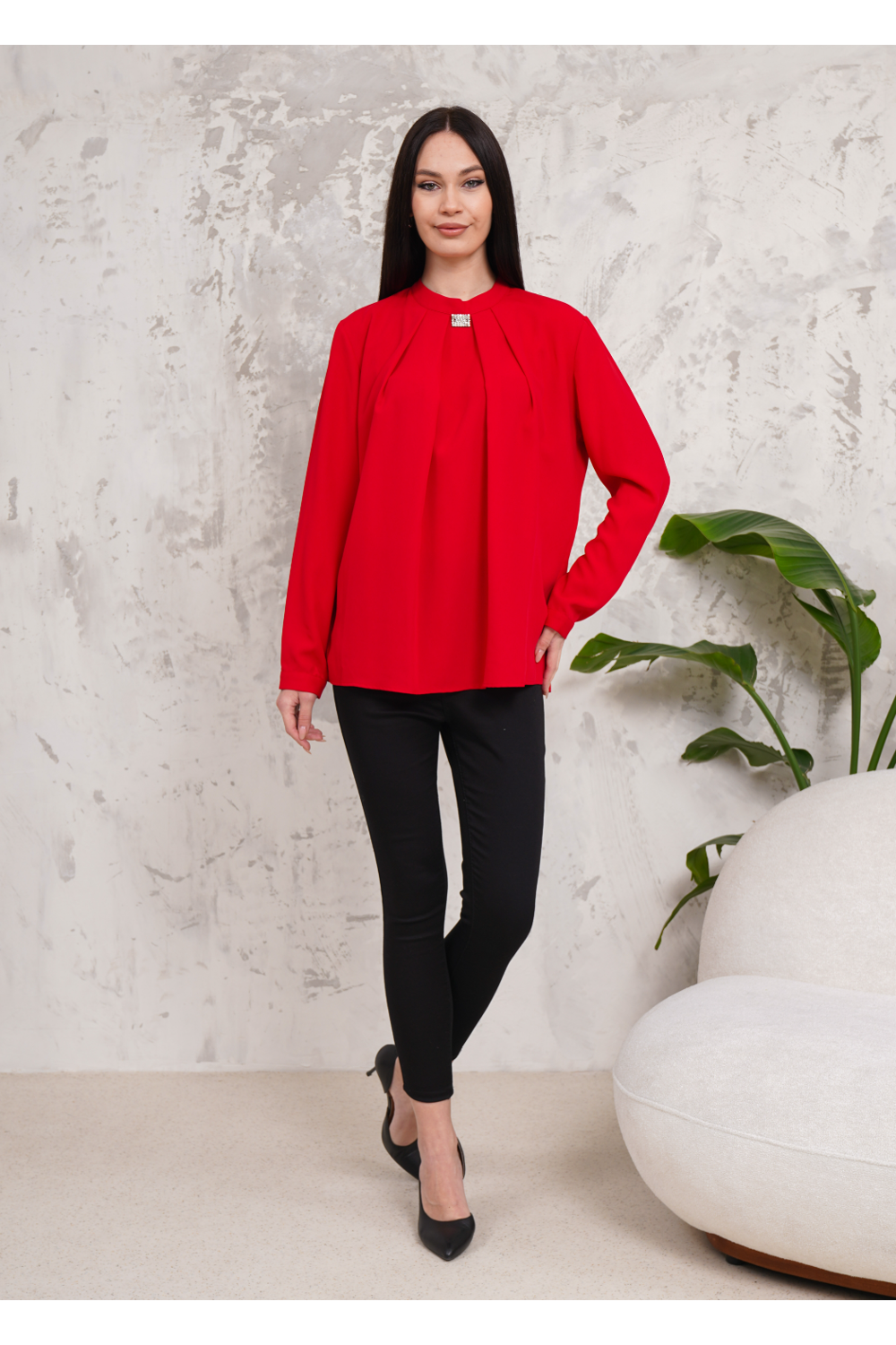 Oversized Long Sleeves Brooch Detailed Blouse in Red