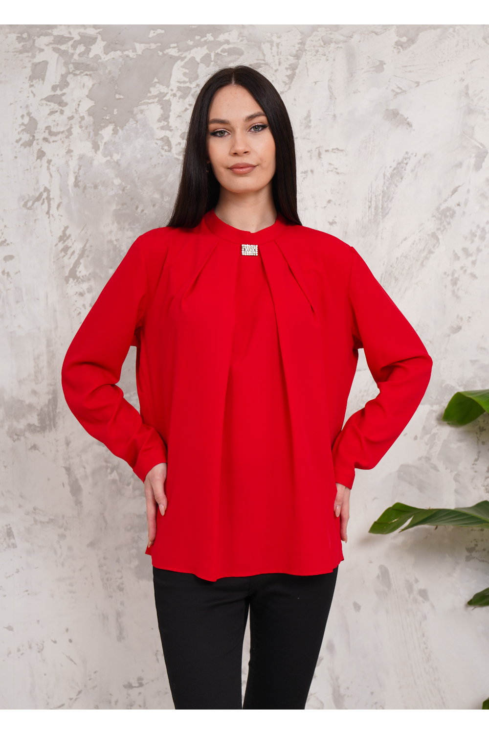 Oversized Long Sleeves Brooch Detailed Blouse in Red