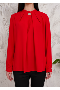 Oversized Long Sleeves Brooch Detailed Blouse in Red