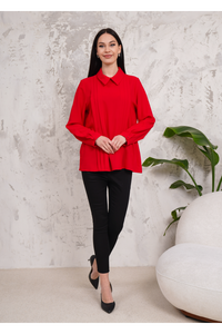 Oversized Long Sleeve Pleated Blouse in Red