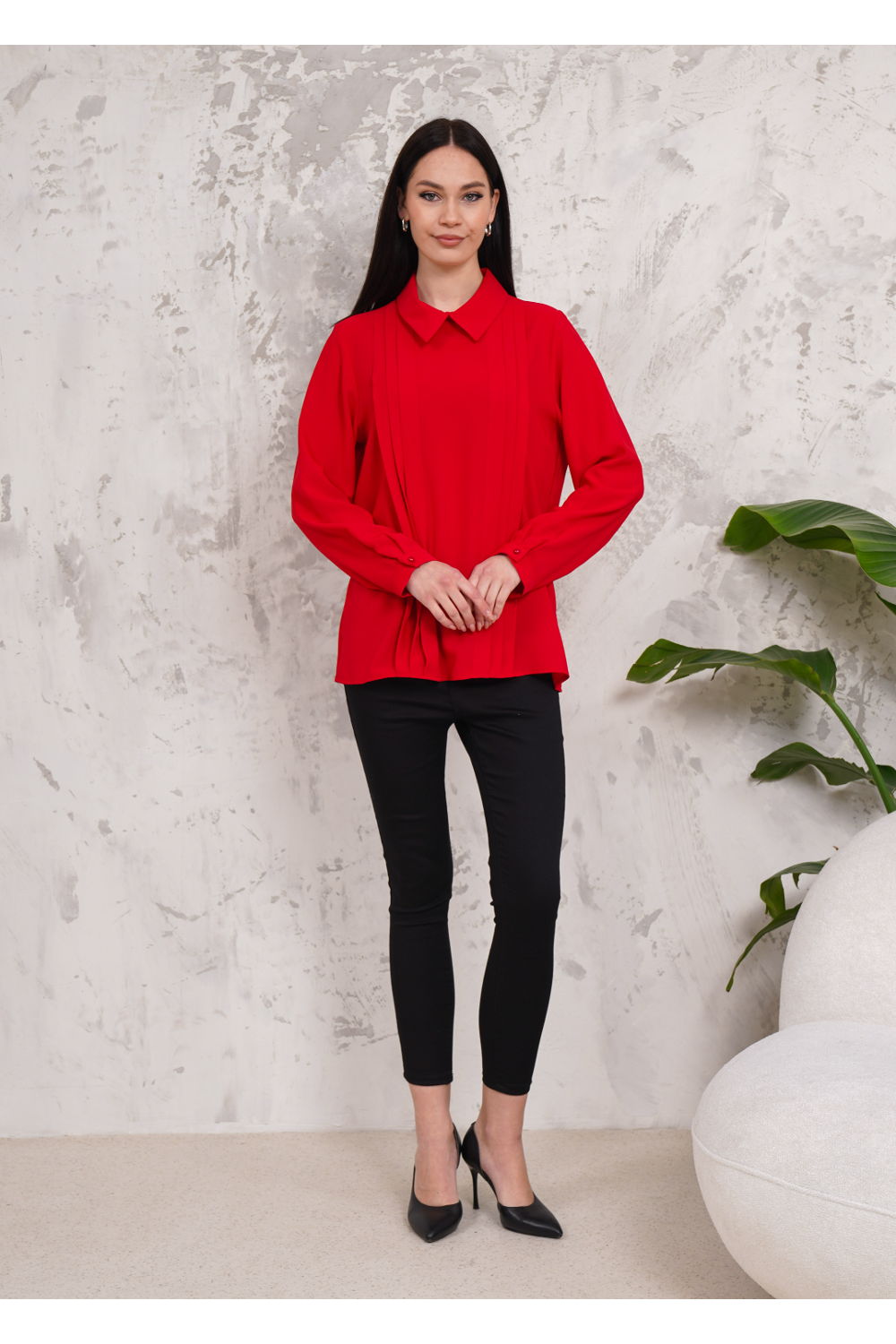 Oversized Long Sleeve Pleated Blouse in Red