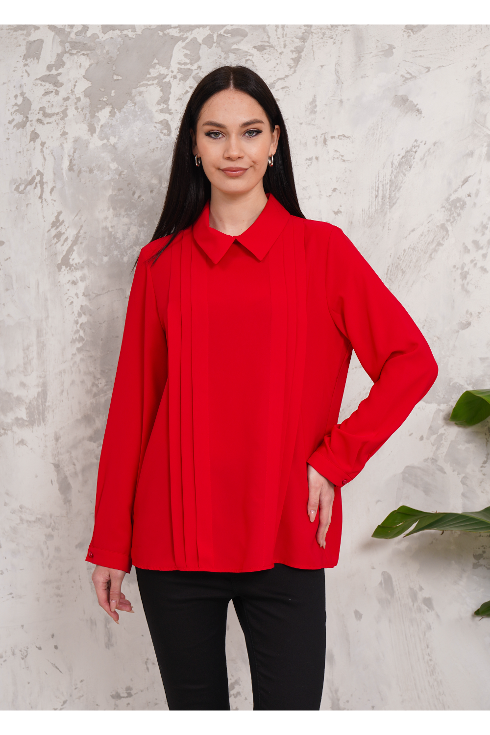 Oversized Long Sleeve Pleated Blouse in Red