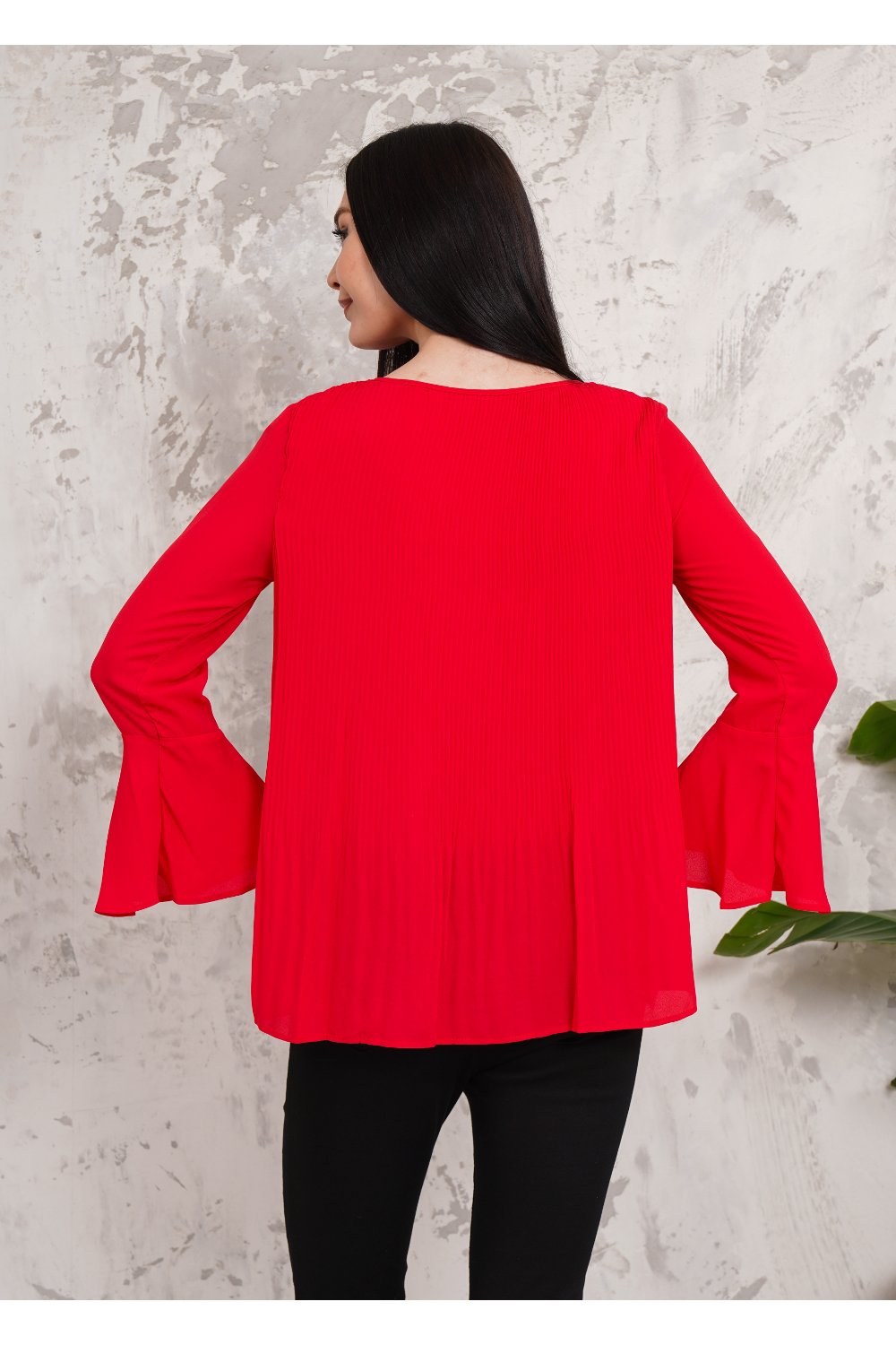 Oversized Bell Sleeve Detailed Pleated Blouse Top in Red