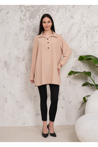 Oversized Long Sleeves Button Detailed Tunic in Beige