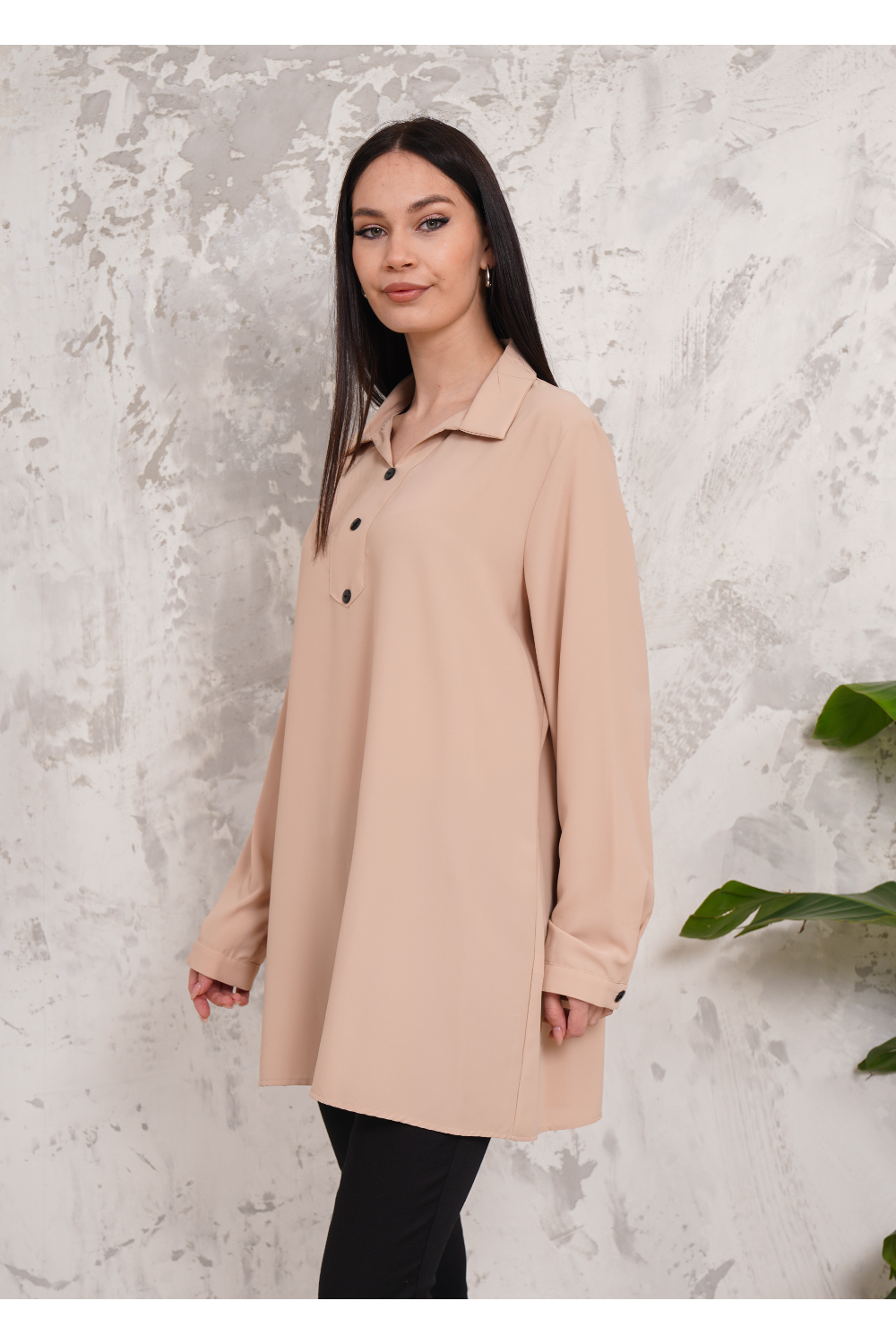 Oversized Long Sleeves Button Detailed Tunic in Beige
