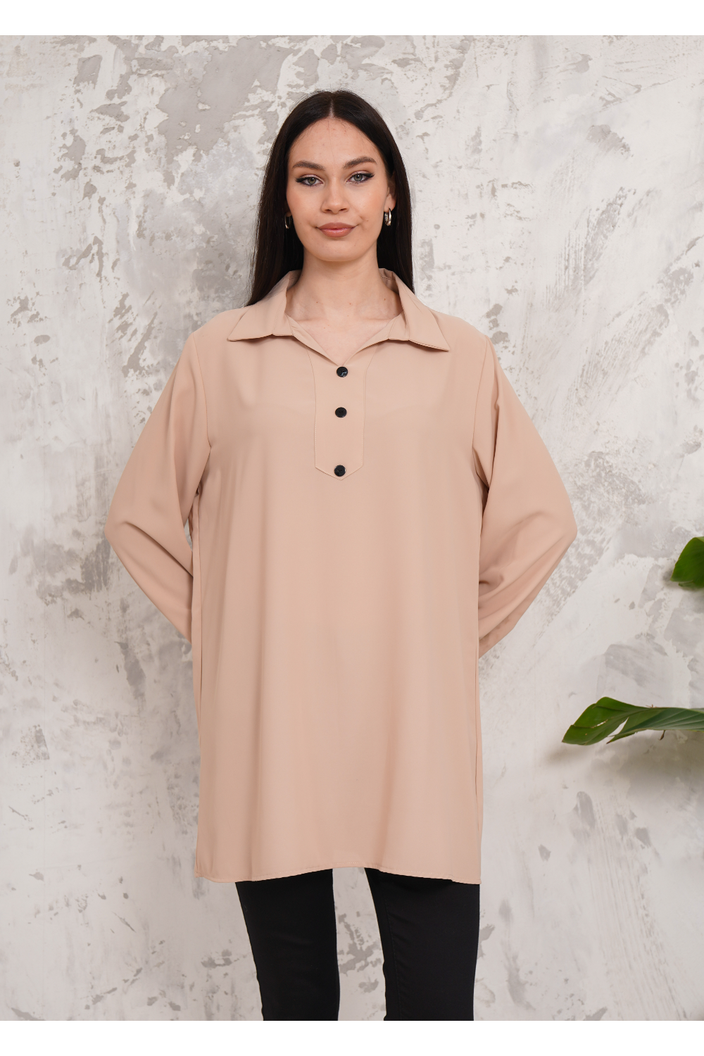 Oversized Long Sleeves Button Detailed Tunic in Beige