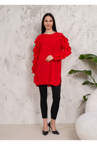 Oversized Long Ruffle Sleeve Relaxed Fit Tunic in Red