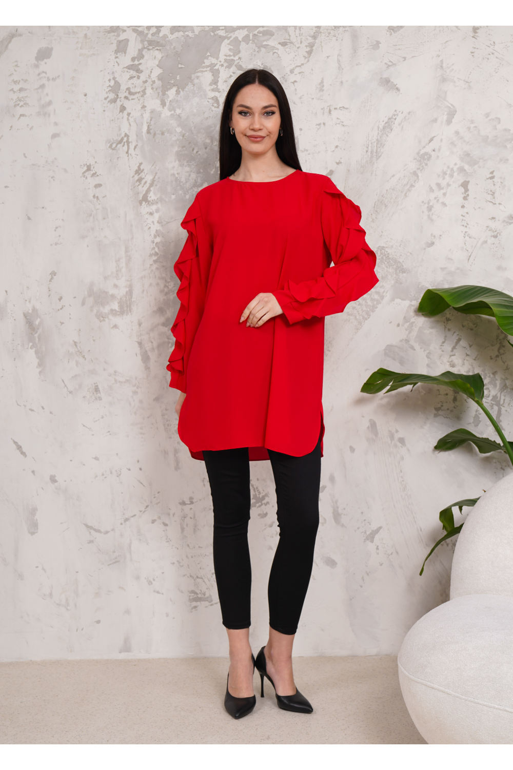 Oversized Long Ruffle Sleeve Relaxed Fit Tunic in Red