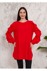 Oversized Long Ruffle Sleeve Relaxed Fit Tunic in Red