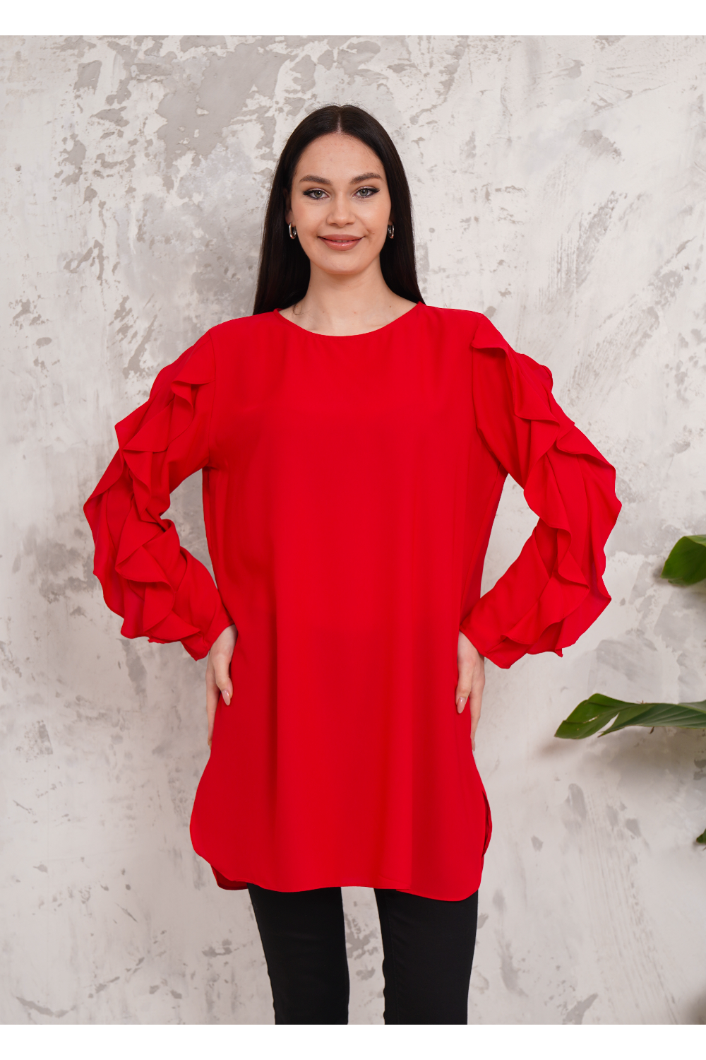 Oversized Long Ruffle Sleeve Relaxed Fit Tunic in Red