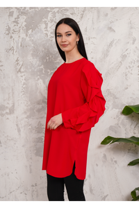 Oversized Long Ruffle Sleeve Relaxed Fit Tunic in Red