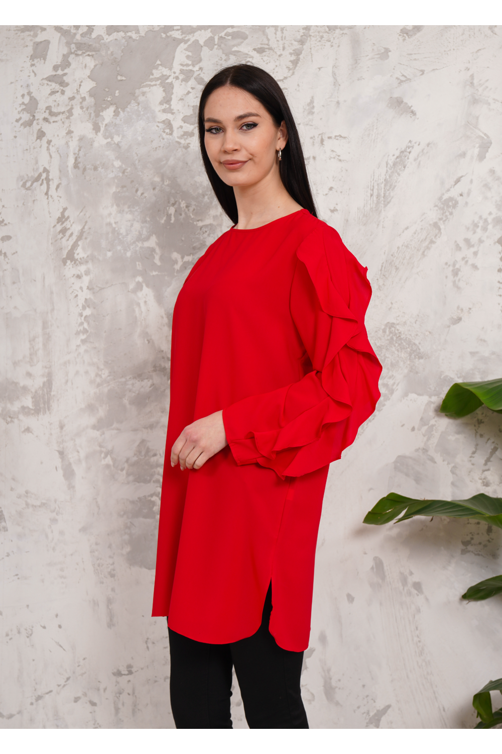 Oversized Long Ruffle Sleeve Relaxed Fit Tunic in Red